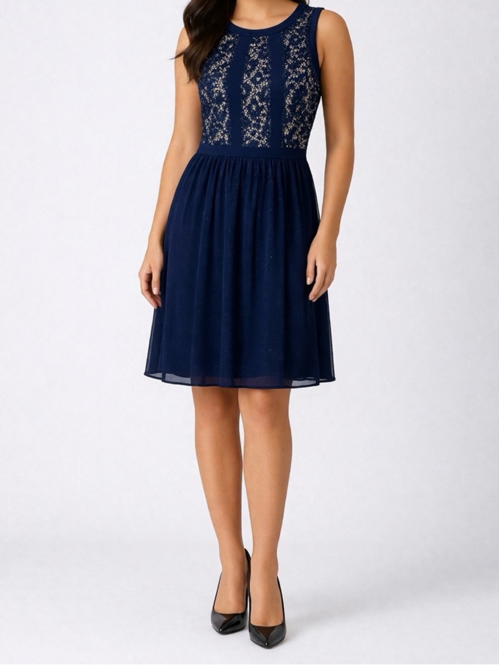 Candalite Navy Blue & Cream Lace Fit & Flare Dress Size M
